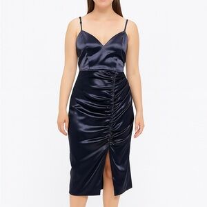 Honey and Rosie Navy Blue Ruched Spaghetti Strap Midi Dress